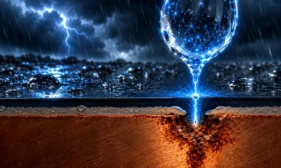 Charged raindrops pierce 60-nanometer Teflon on copper