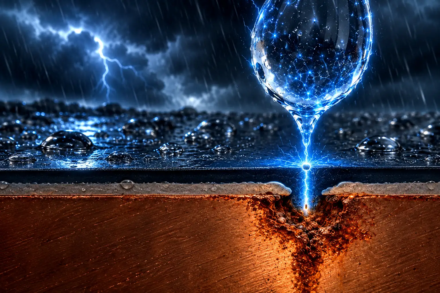 sliding charged raindrops corrode Teflon copper coating
